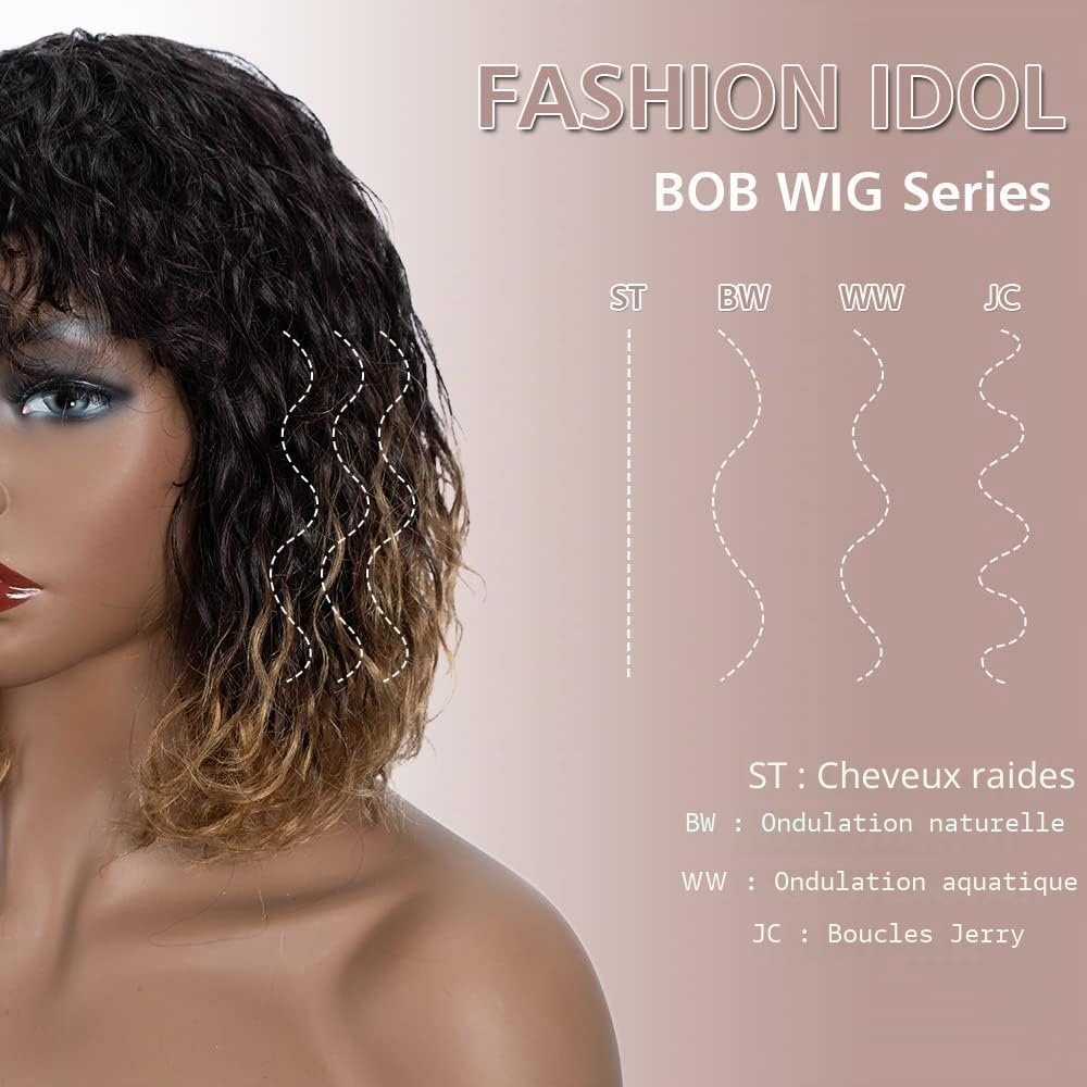 FASHION IDOL Bob Perruque de Cheveux Humains Bouclés pour Femmes Noires 25CM Brésilienne Vierge de Cheveux Humains Courte Perruque Ondulée en Eau Profonde avec Frange 150% Densité (25CM, Or)