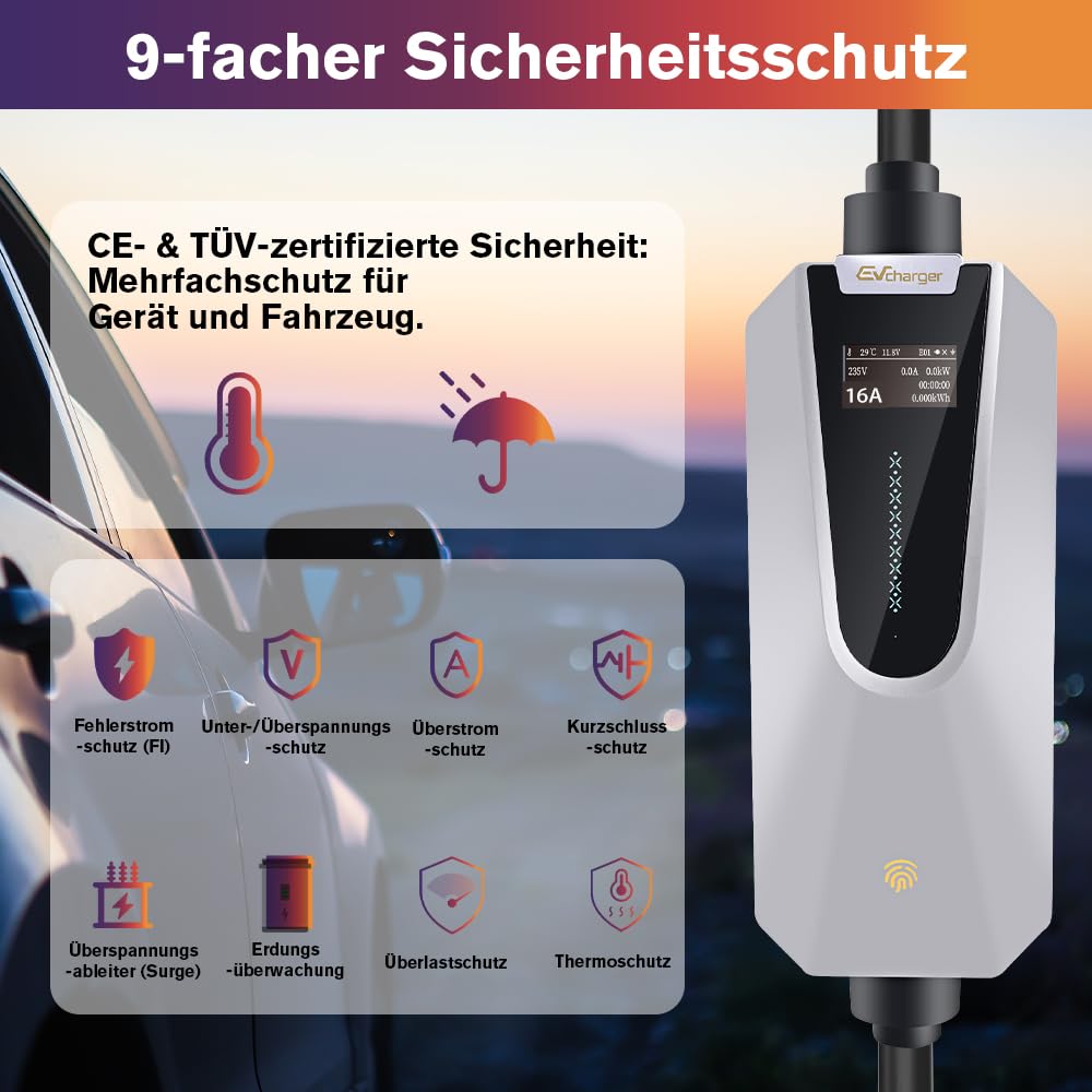 Junsun Typ 2 Ladekabel für EV Elektroauto, 22 kW, 32A, 3-Phasig, 6m Kabel, APP-gesteuert, IP65 wasserdicht, Schnell-Ladegerät für Elektrofahrzeuge