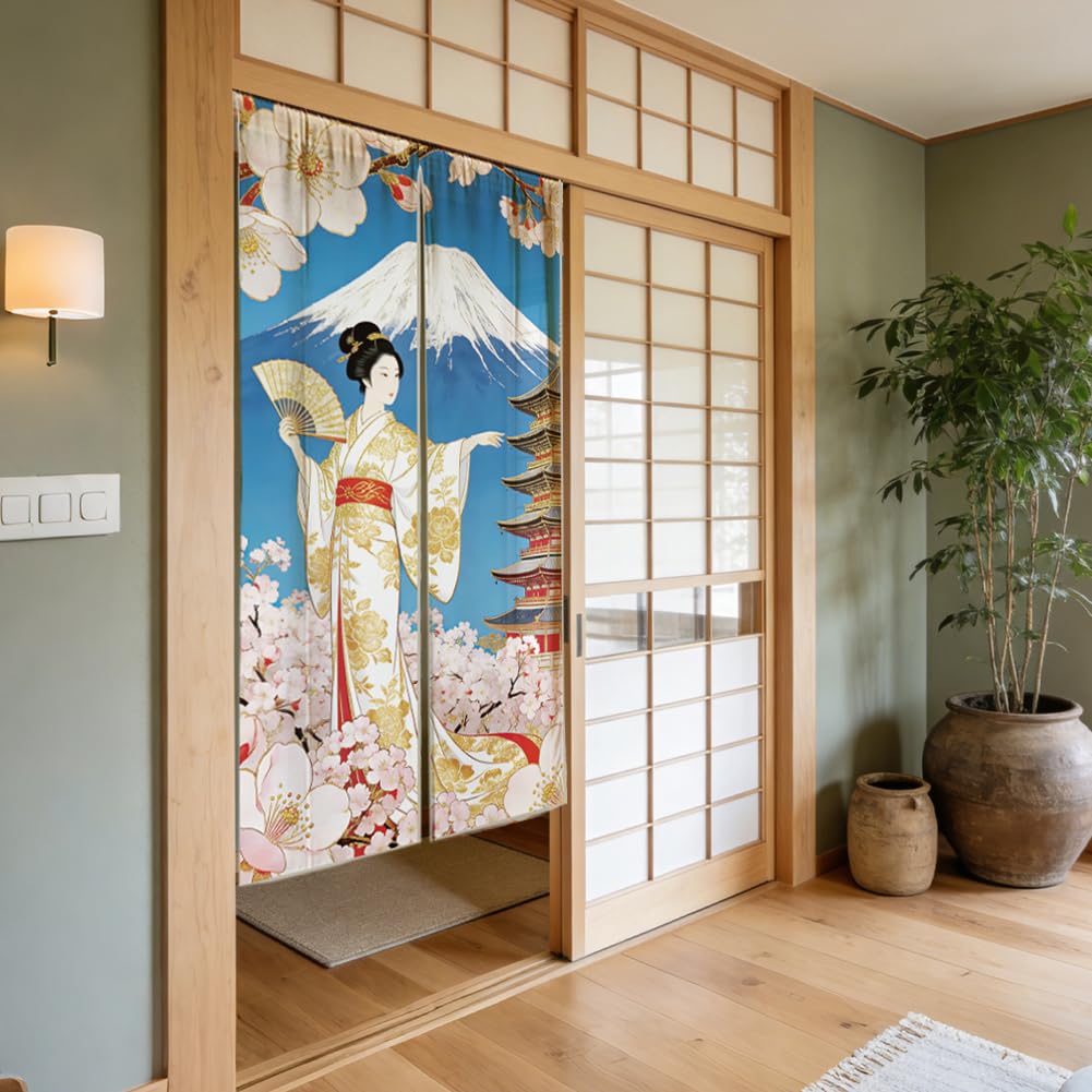 Rideau de porte design japonais avec femmes en kimonos, en lin, séparateur de pièce pour porte, fenêtre, cuisine, 150 x 85 cm