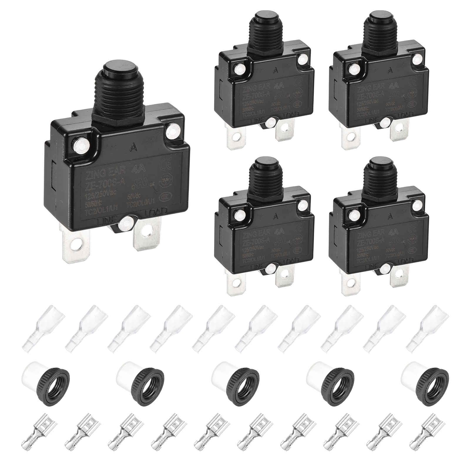 DMiotech 4A Thermal Circuit Breaker 125/250V AC 50V DC 1.8x1.1x0.6" Manual Reset Overload Protector with Quick Connect Terminal and Waterproof Cap for Overload Protection,5Pcs