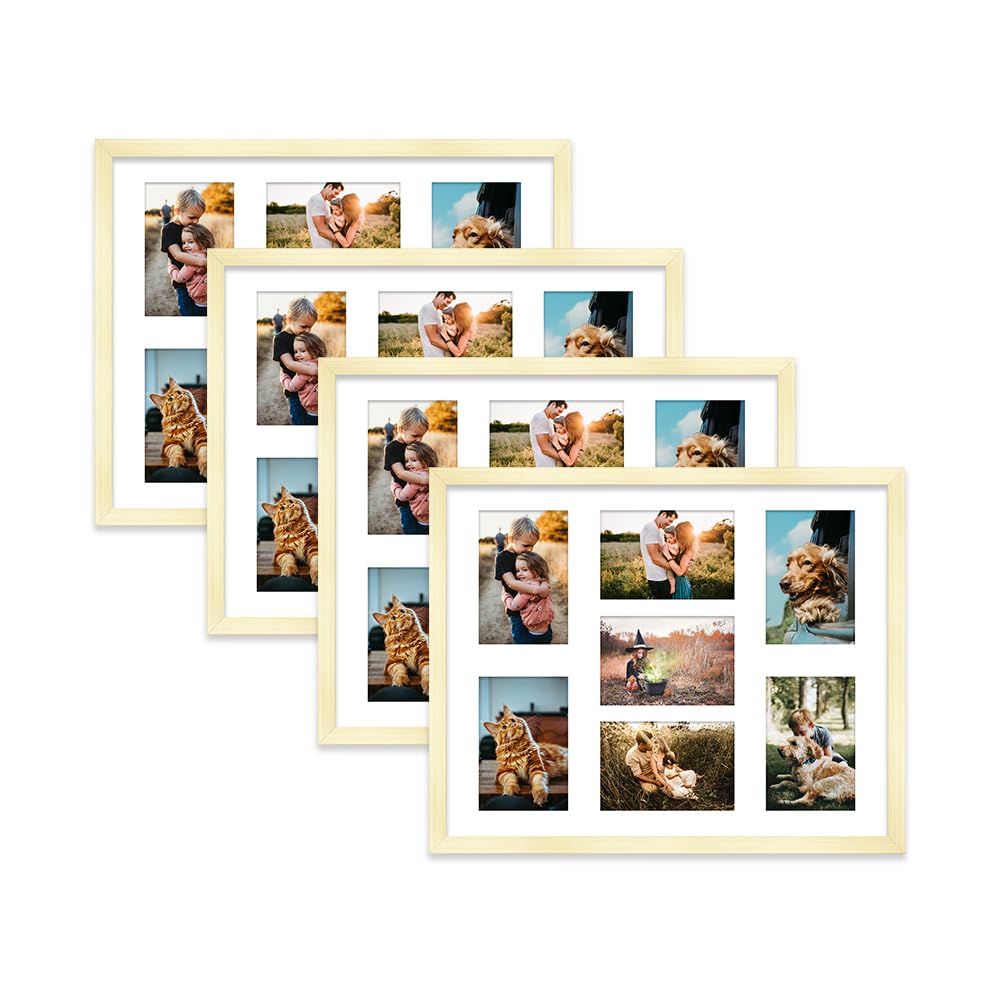 Gold Multi Photo Frame - Holds 7 x 6x4 Pictures, Family Collage Picture Frame for Wall Display, 20x16 Frame size, Set of 4
