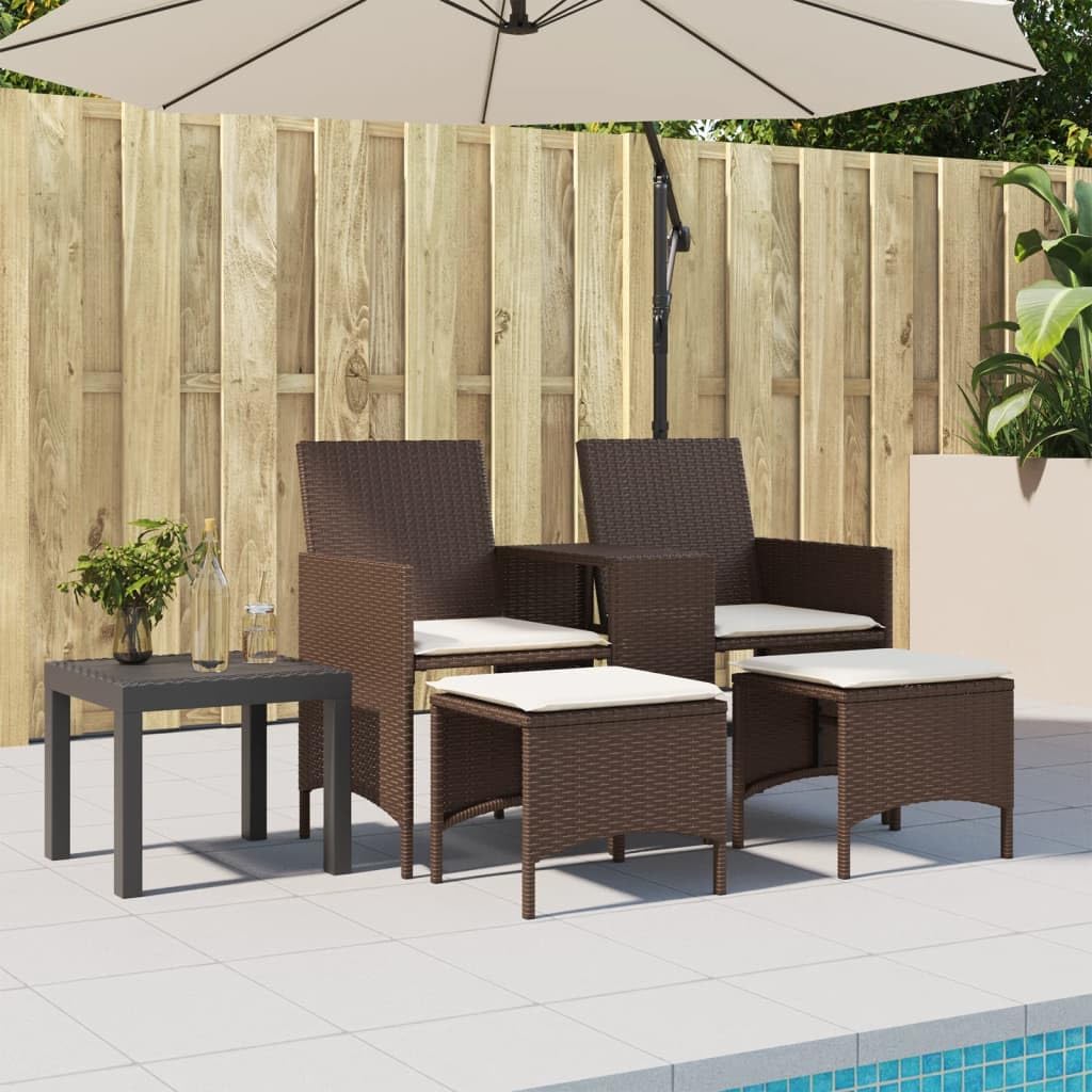 Divano da giardino a 2 posti, marrone, in polyrattan, con tavolo e sgabelli, resistente alle intemperie, per balcone, terrazza, esterni, con comode imbottiture e rivestimento rimovibile