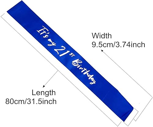 Miniatura 3 de Banda de cumpleaños número 21, bandas suaves de satén azul con letras plateadas, decoraciones de cumpleaños para niñas o niños, suministros