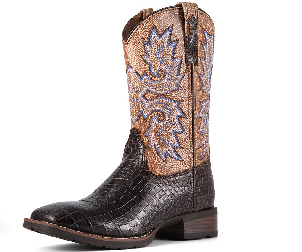 SUREWAY Cowboy Boots For Men, 10 Inch Pull on Square Toe Western Boot | Classic durable men's wellington work boots,slip resistant pull-on soft toe work boots for daily and western casual wear