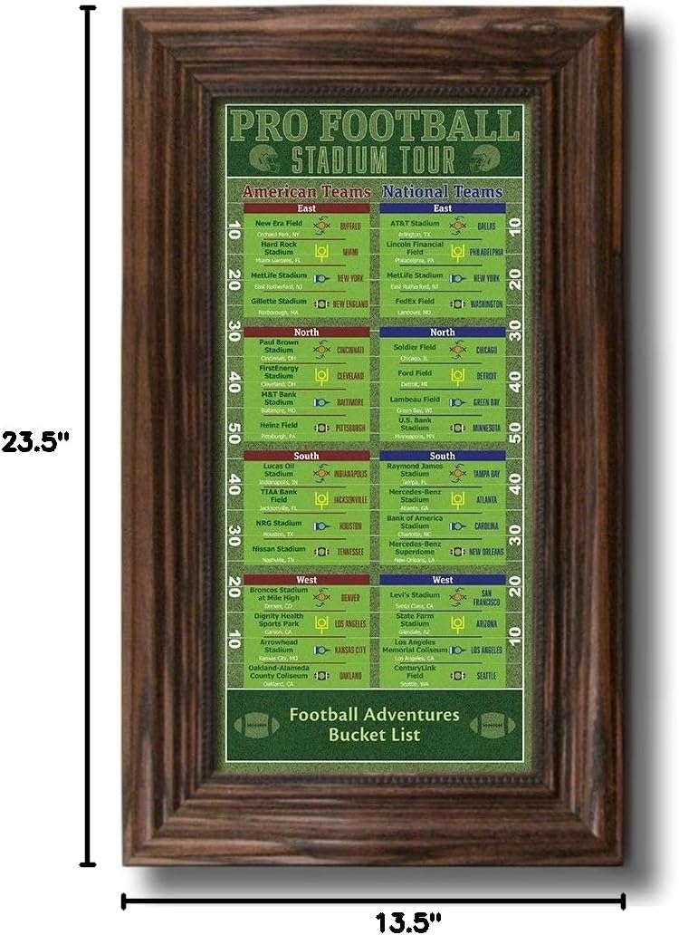 Football Stadiums Bucket List Tracker - Solid Wood Brown Frame - 13.5 inches x 23.5 inches - Pin Your Football Stadium Visits - Canvas Wall Art