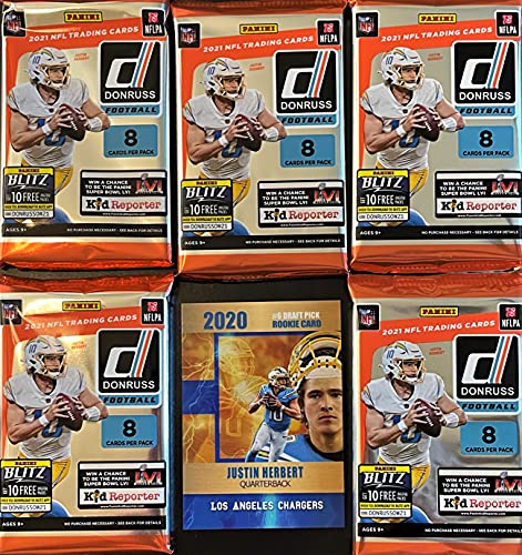 NEW 2021 Panini DONRUSS Football Cards - 5 FACTORY Sealed Packs - 8 Cards Per Pack / 40 Cards - Look for Trevor Lawrence, Zach Wilson, Justin Fields, Mac Jones RATED Rookie Cards - Plus Custom JUSTIN HERBERT Card Pictured