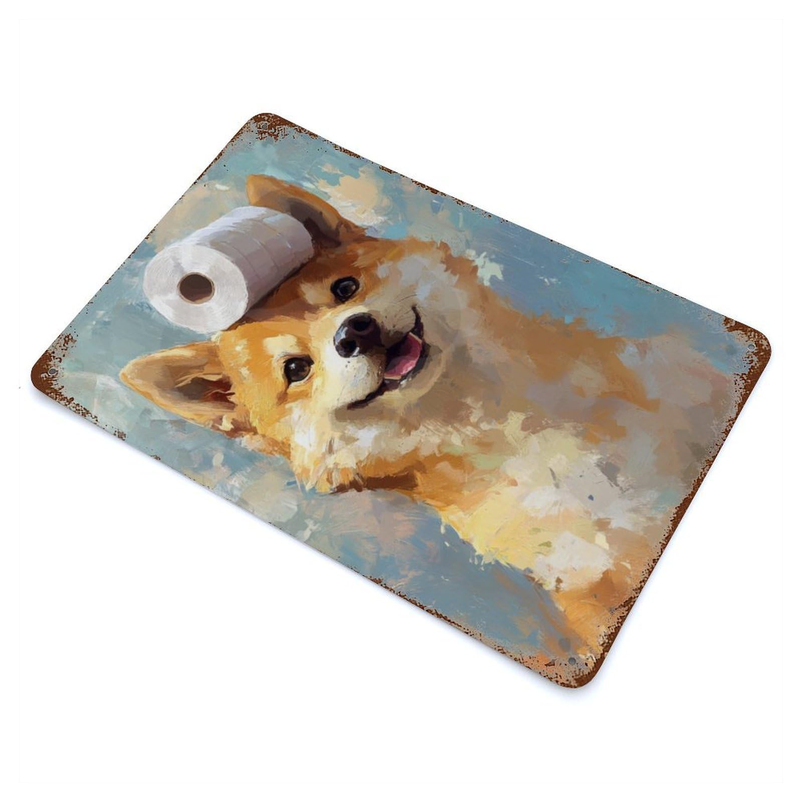 Aged Metal Wall Plaque with Shiba Inu with Toilet Paper Design 11.8"x7.9", for Farmhouse, Kitchen And Entryway Decor, Old School Wall Decor