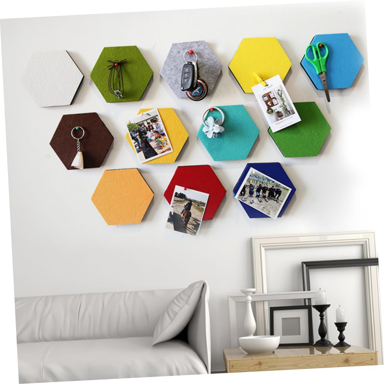 TEHAUX 10pcs Colorful Hexagon Felt Board Soft Cork Wall Panels for Home Decor Easy Peel and Stick Installation for Photos Reminders and Key Organization