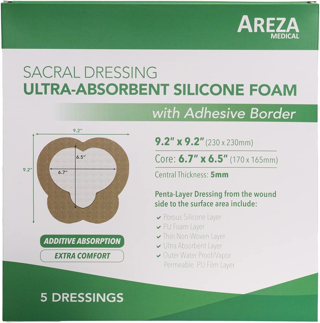 Areza Medical - Silicone Foam with Super-Absorbent Layer - Wound Dressing - Waterproof - with Adhesive Border - Sterile - Designed for Sacral Wounds - 9.2" x 9.2" - 5 PCS per Box