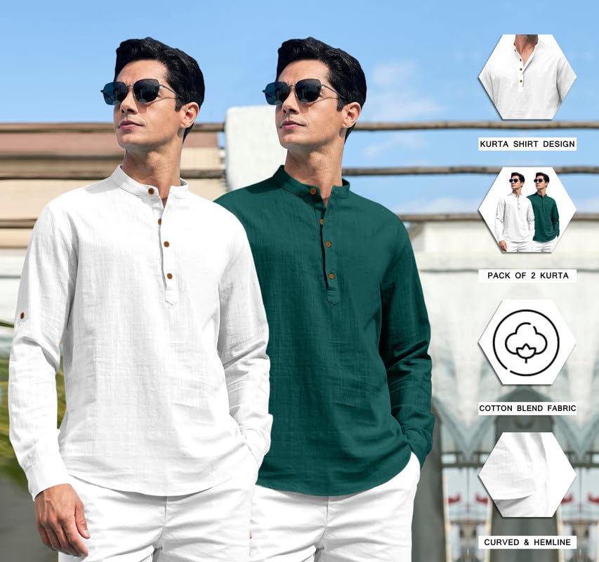 Image of ROYALSCOUT Combo of Men's Solid Cotton Blend Full Sleeve Straight Kurta Shirt (Pack of 2)