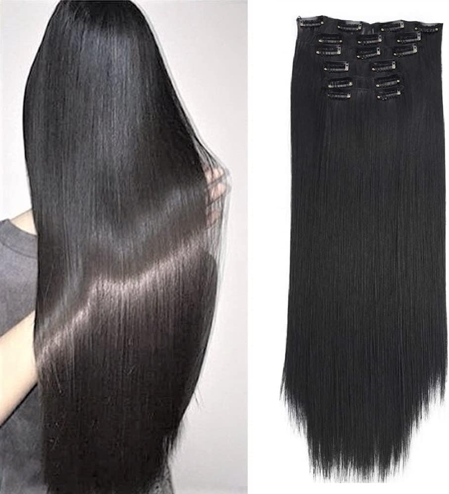 Artifice 6 Pcs 16 Clips Based 24 inch Multi Layered Women Long Straight Synthetic Hair Full Head Clip in Hair Extensions Pieces NATURAL BLACK