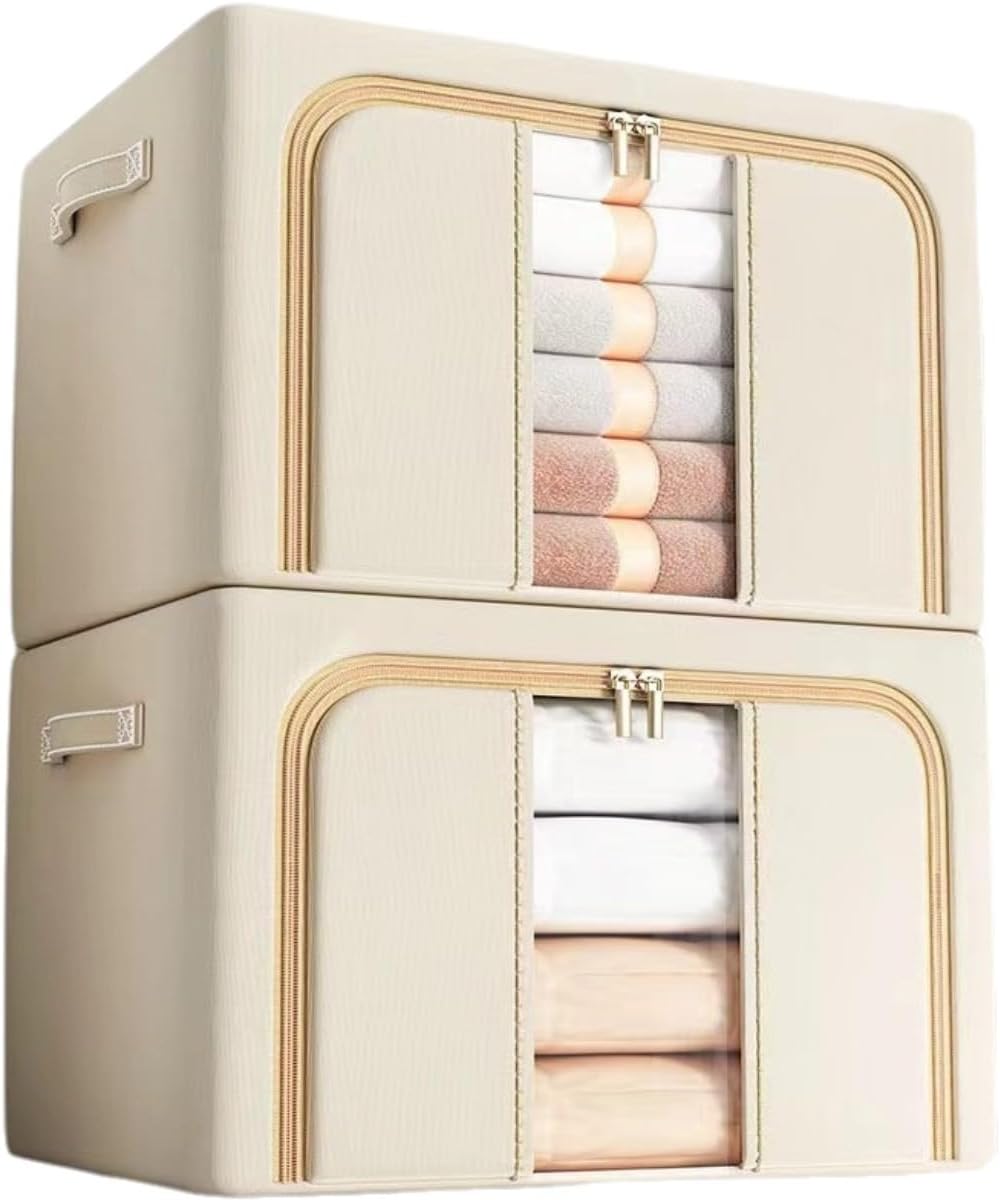 2-piece set 66L Oxford Cloth Storage Box, with a foldable and stackable metal frame and transparent windows, suitable for storing clothing, blankets, bedding items. Size 20 x 16 x 13 inches. Large 2