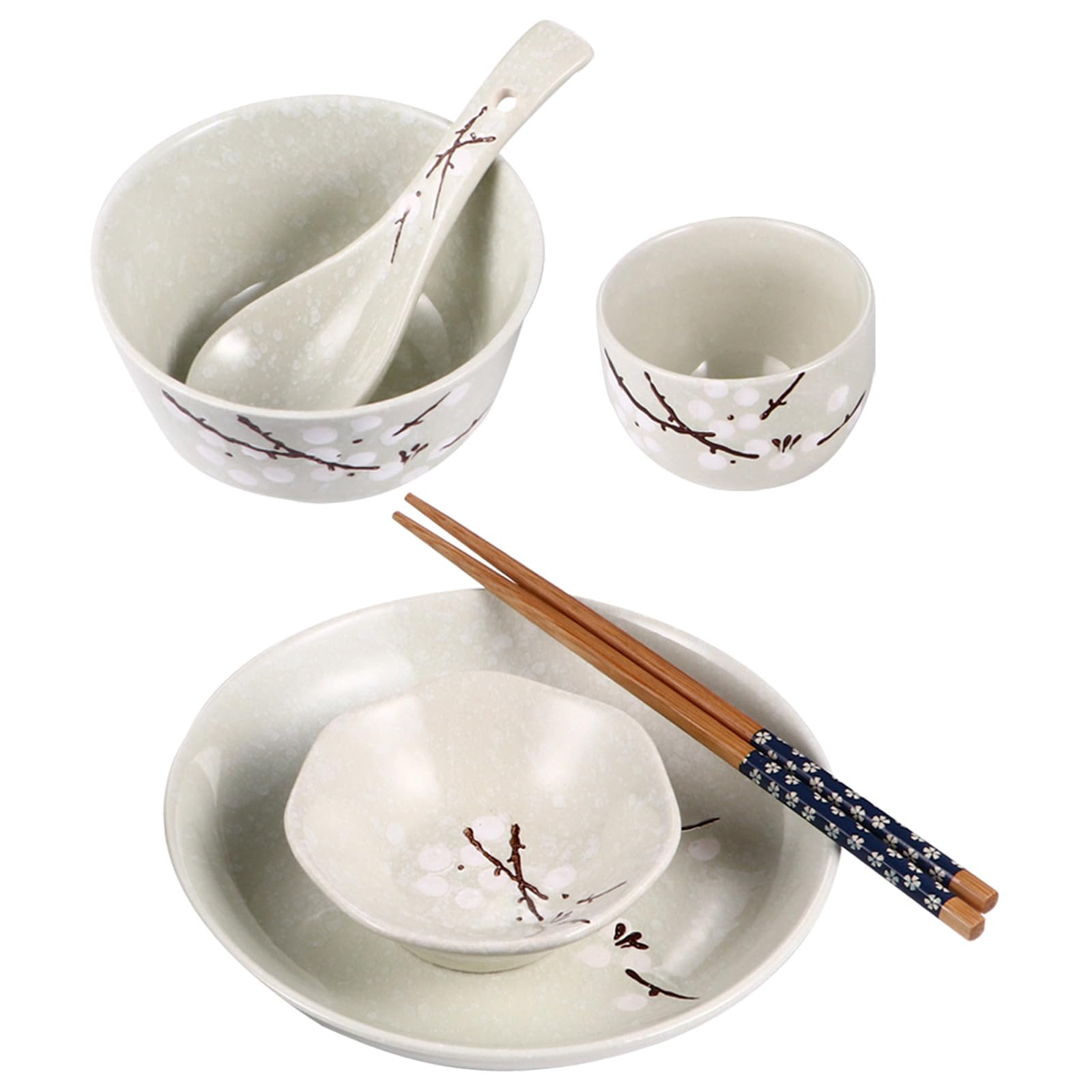 Tofficu Service de Table Céramique de Style Japonais avec Motif de Fleurs de Prunier Incluant Bol Assiette Tasse Plat Cuillère et Baguettes pour Personne