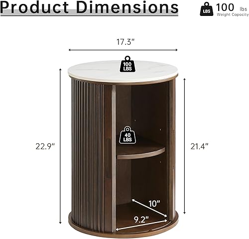 Miniatura 2 de Mesa auxiliar redonda acanalada, mesa auxiliar superior de mármol sintético blanco con almacenamiento, mesita de noche moderna de mediados de siglo