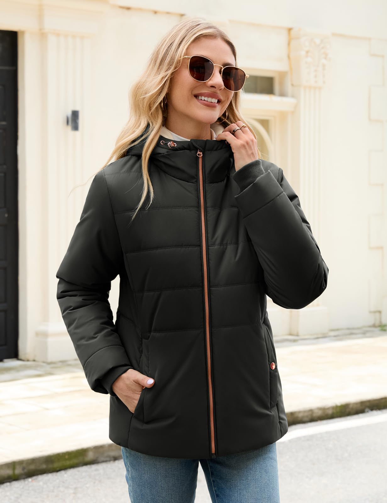 Vancavoo Giubbotto Donna Invernale Cappotti Caldo Giacca Corto Parka | Cappuccio Fisso con Coulisse, Tessuto Idrorepellente, Polsini a Coste, Zip Frontale e Tasche