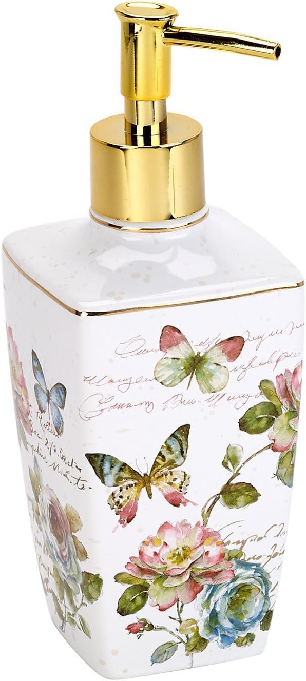 Lotion Pump/Soap Dispenser, Ceramic Countertop Accessories, Artistic Home Decor (Butterfly Garden Collection)