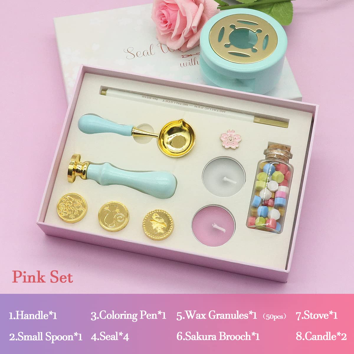 Retro Box Wax Seal Kit mit Siegelwachsperlen Löffel Stempelset für Hochzeitseinladungen Umschlag Geburtstagsgeschenk Verpackung-6