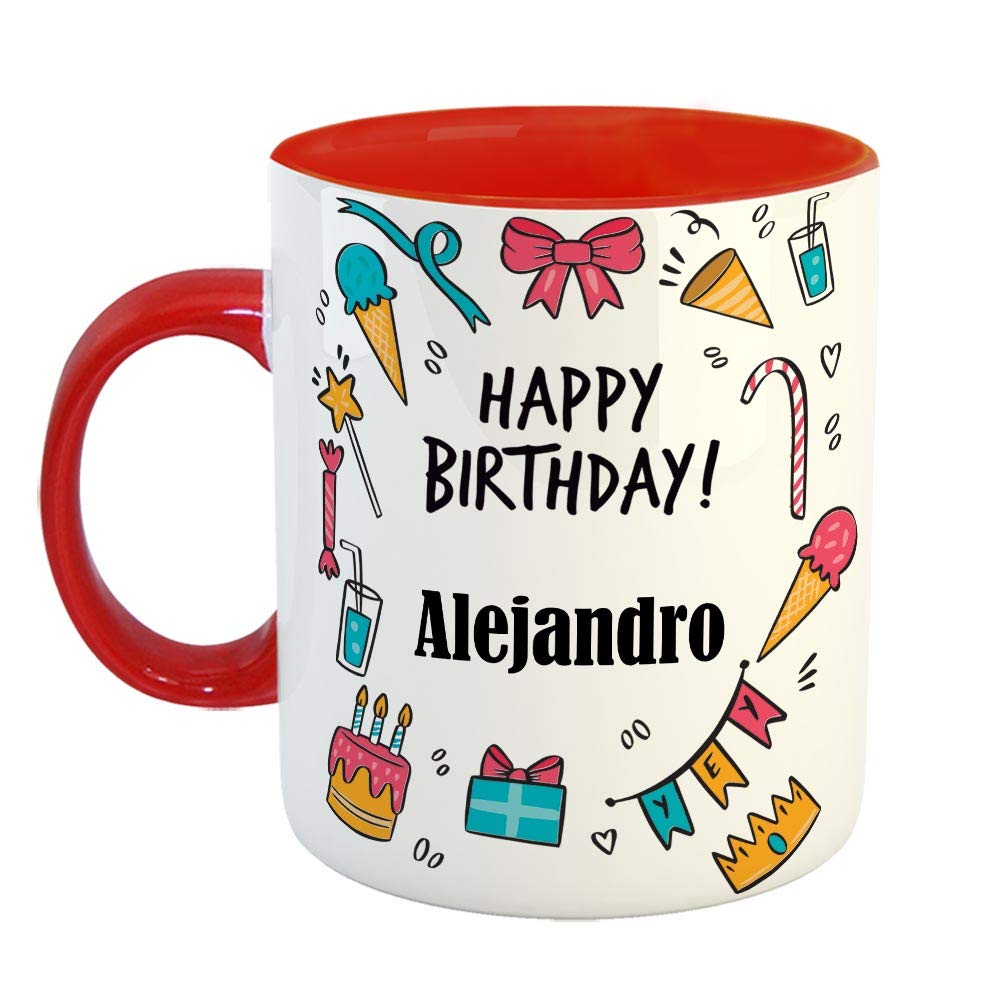 FurnishFantasy Ceramic Coffee Mug - Best Gift for Happy Birthday Mug , Color - Red, Name - Alejandro