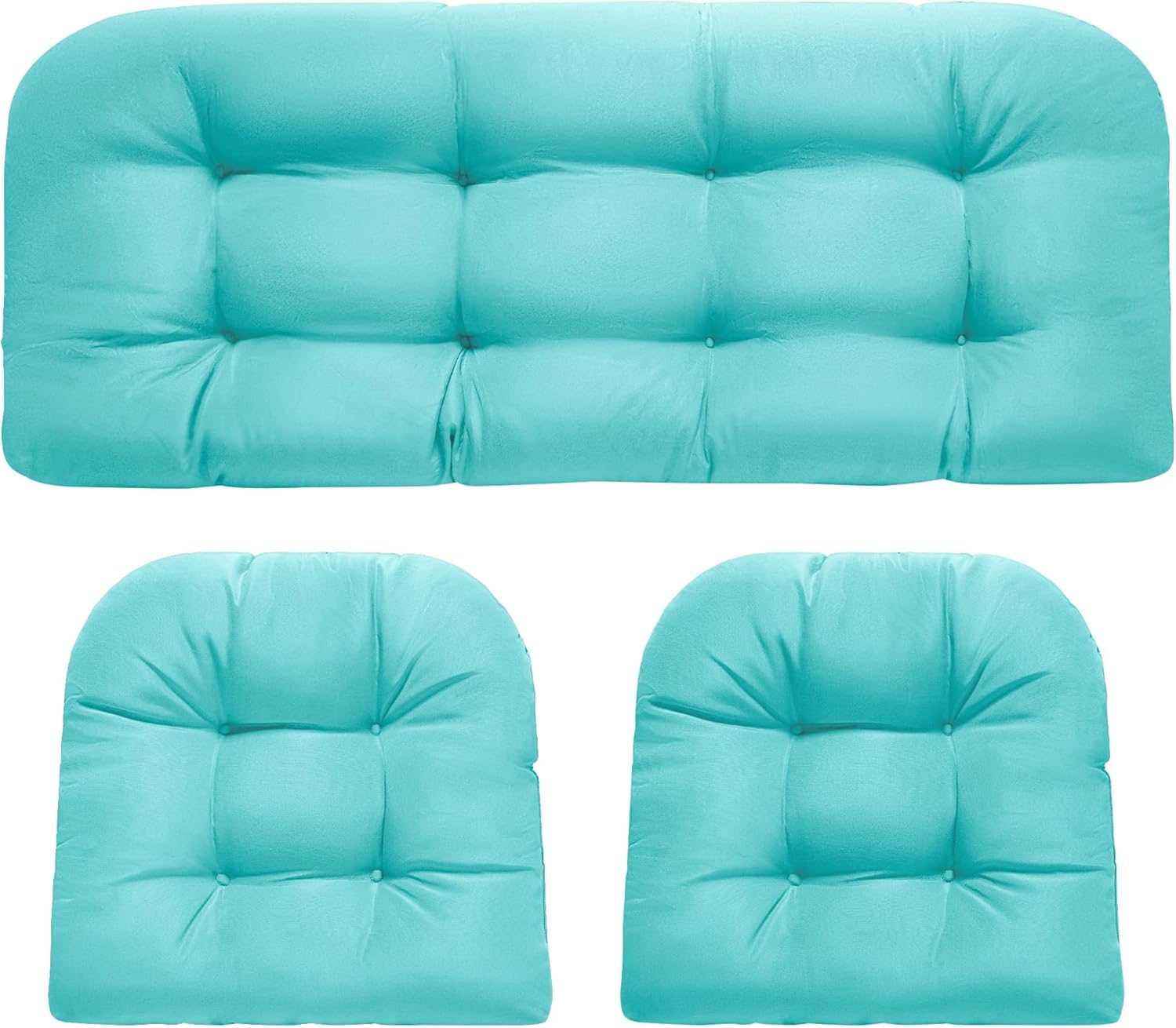 3 Pieces Replacement Garden Chair Cushion Set for Rattan Chair, All Weather Waterproof Wicker Bench Cushions Thickened Garden Outdoor Furniture Cushions 1 Loveseat & 2 U-Shaped Rattan Cushions, Teal