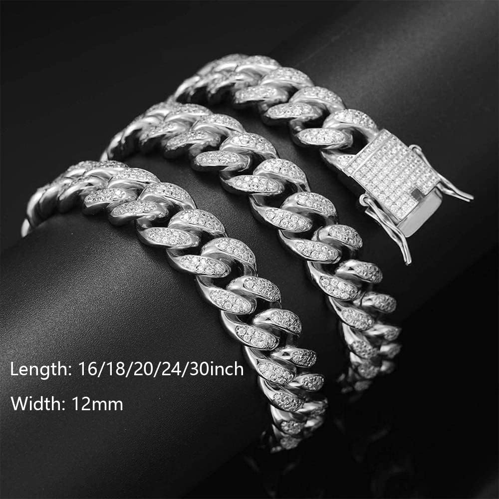 Apzzic 12mm Gold Plated Hip Hop Iced Out CZ Lab Diamond Miami Cuban Link Necklace Bracelet with Giftbox for Men and Women