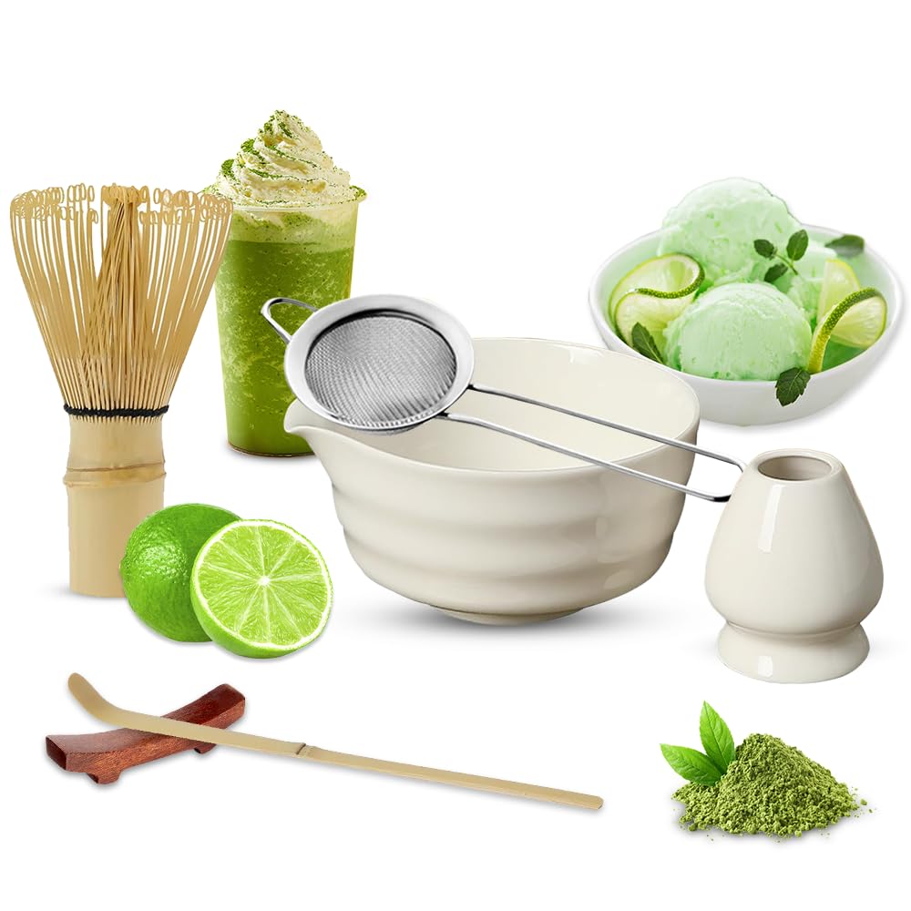 Set Da Tè Matcha Giapponese (6 Pezzi) – Ciotola Con Beccuccio, Frusta In Bambù, Paletta, Setaccio In Acciaio, Supporto - 4