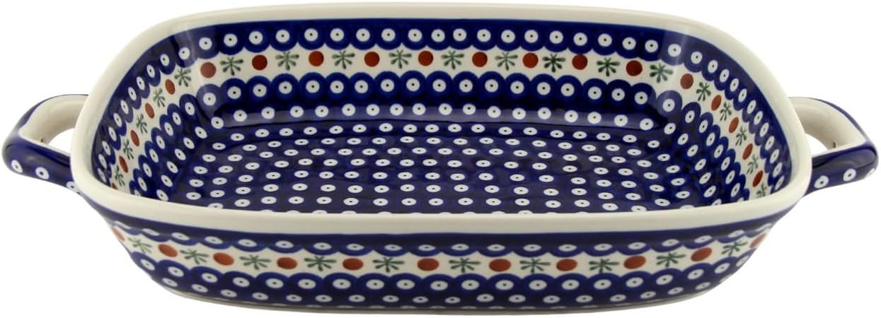 Polish Pottery Market Rectangular Baking Dish with Handles — Handmade Stoneware by Zakłady Bolesławiec, Poland — 18″ × 11″ × 3″, 4-Qt Capacity - Oven/Microwave/Dishwasher Safe