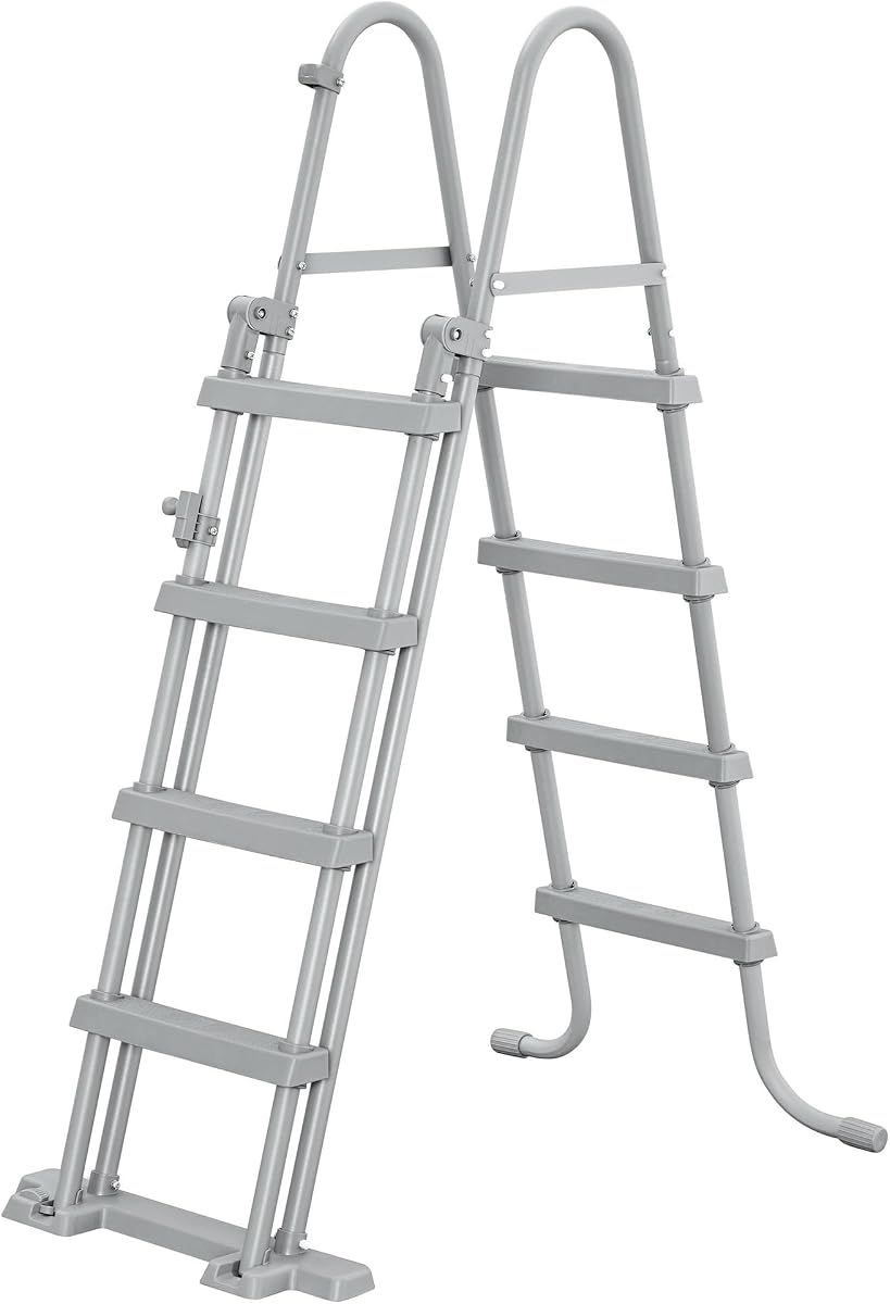 Bestway: Flip & Lock - Escalera para piscina de 48" - para piscinas elevadas, marco de metal resistente a la corrosión, escalones de plástico antideslizantes, diseño de elevación de escalera