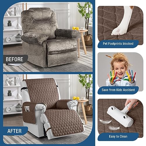 Image of TAOCOCO 100% Waterproof Recliner Chair Covers, Non Slip Recliner Covers that Stay in Place, One-Piece Washable Reclining Chair Cover with Elastic Straps, Brown, Fits 30 inch Seat Width