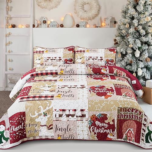 Xruibed Weihnachts-Steppdecken-Set für Queen-Size-Betten, Patchwork-Muster, Jingle Bells Elche, Tagesdecke mit 2 Kissenbezügen, leicht, Weihnachts-Bettwäsche-Set für Kinder, Teenager, Erwachsene,