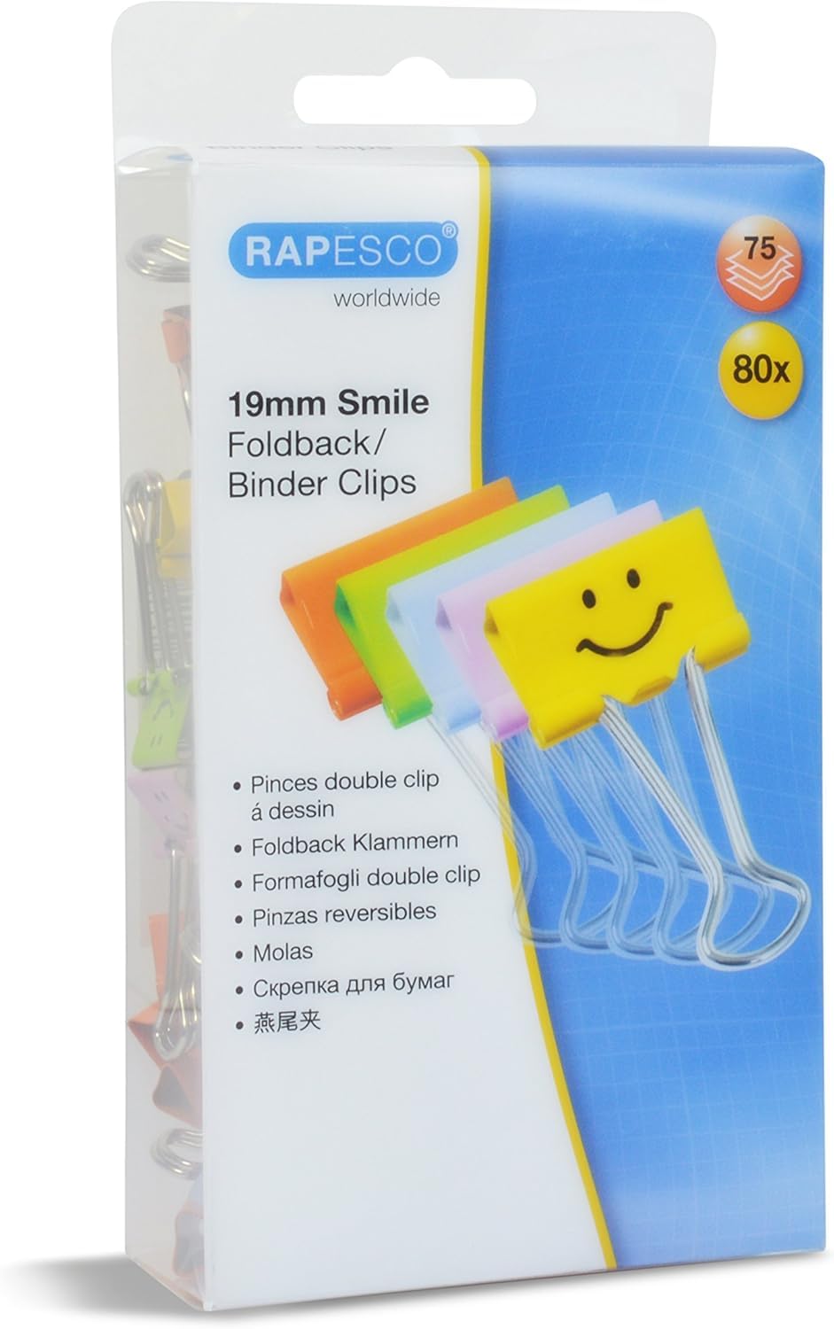 Rapesco 1428 19mm Smile Foldback Clips, Assorted Colours, Pack of 80