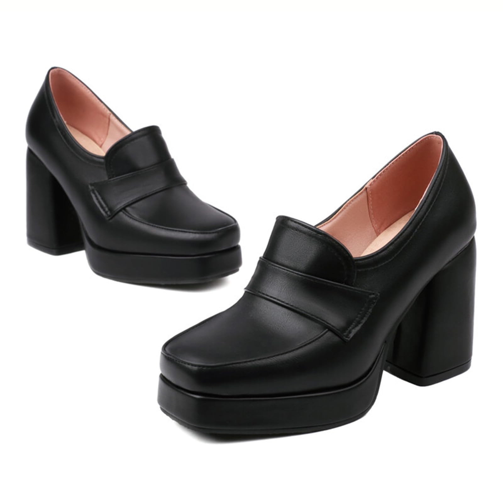 Alyaafifa Comfortable Chunky Heel Platform Pumps for Women Closed Square Toe High Heel Platform Loafers Matte Leather Slip On Dress Shoes Office Work