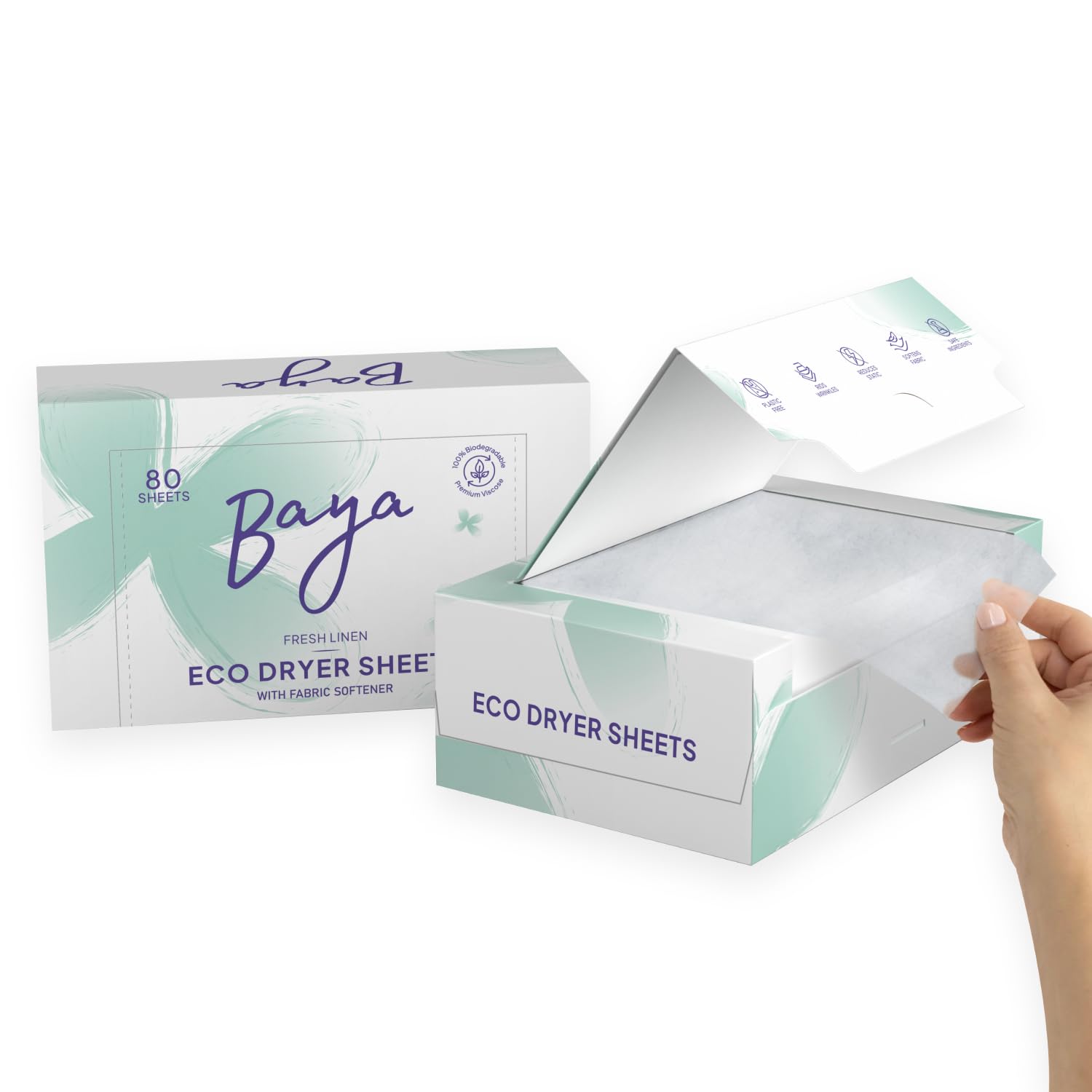 Baya Dryer Sheets Enriched with Fabric Softener | Fresh Linen Scented Laundry Fabric Softener Sheets | Keeps Clothes Soft, Controls Static & Reduce Wrinkles | 80 Count