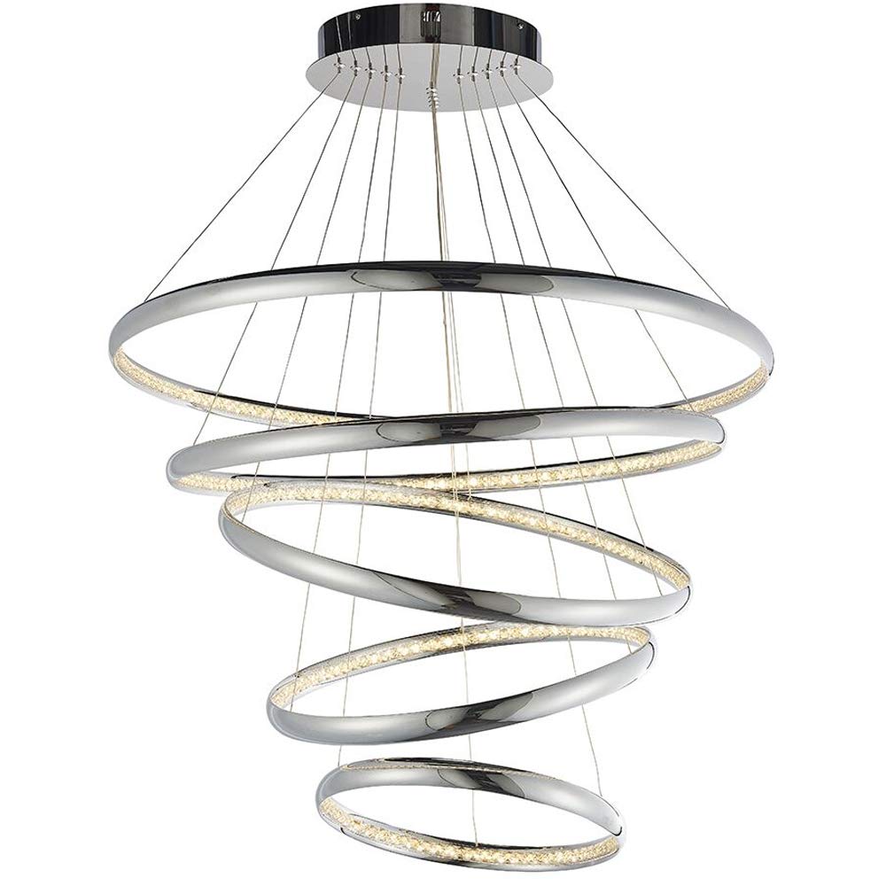 Loops Light/White Led Hanging Ceiling Pendant – 97W Warm – Polished Chrome & Crystal 5 Ring/Hoop Strip Lamp Shade – Adjustable Drop Modern Chandelier –Dining Table/Island Feature– Fitting & Driver