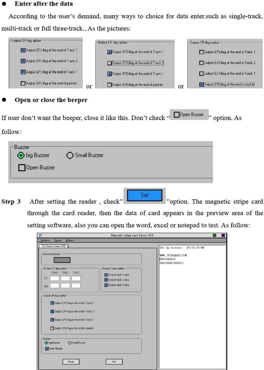 Screenshot showing options for setting start/end symbols, CR flags, and beeper settings in the MSR580 software