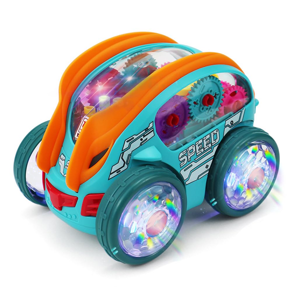 Dynamic Gear-Powered Car with LED Lights Bump and Go Toy Car with Colorful Moving Gears Race Car Stunts Somersaults Car for (Rolling Car)