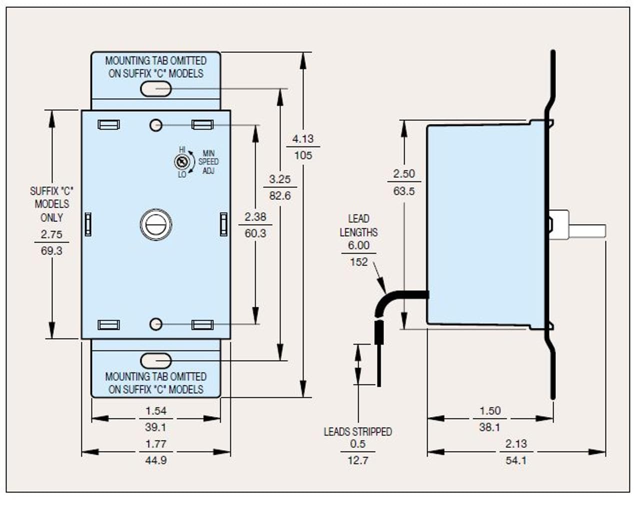 Technical drawing with dimensions of KB Electronics 8811007 control