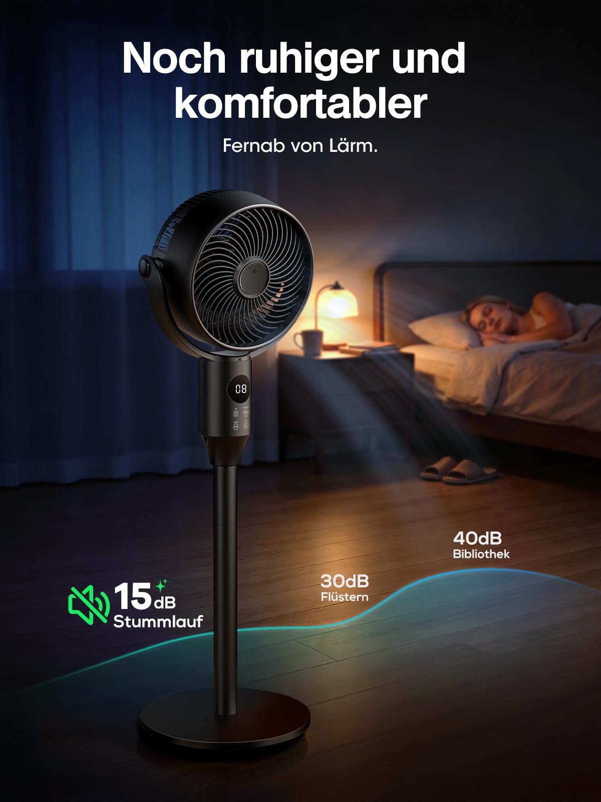 Leiser Standventilator 80°+90° Oszillierender Ventilator mit Fernbedienung, 1444m³/h, 3 Stufen 12H Timer, 23-41" Höhenverstellbar