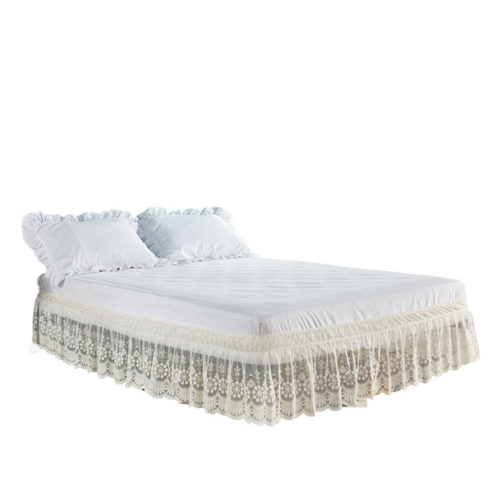Bed Skirt Elastic Wrap Around 15 Inch Drop Pretty Ruffles Trimmed Lace Bed Skirts Valance with Around Elastic Belts-Anti Wrinkle & Fade Resistant Fabric(Beige,Full 120x200x38cm)