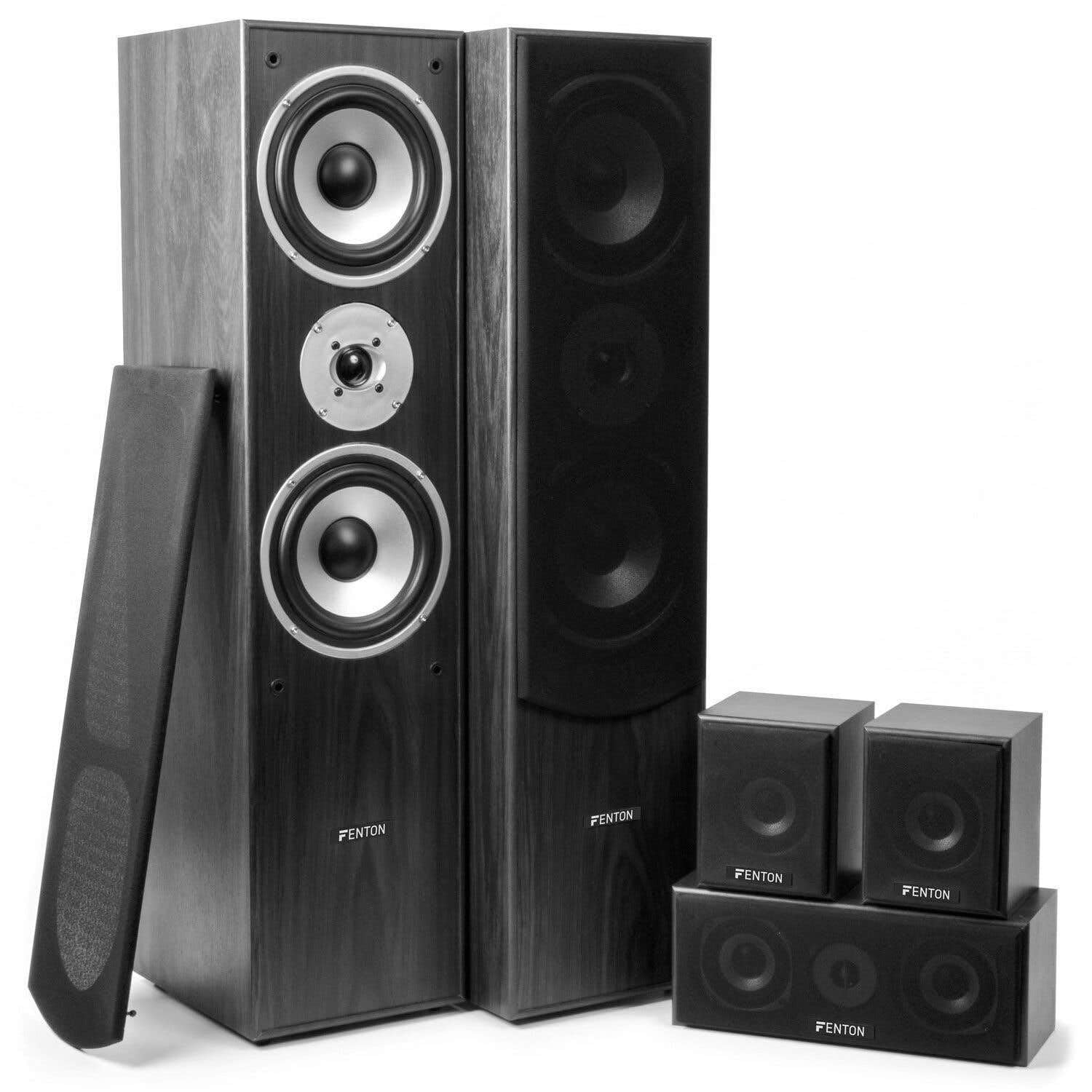 Fenton Cine en Casa 5.1 Bluetooth 510W - Equipo Completo con Amplificador, Altavoces Madera, Karaoke con Entradas Mic, Reproductor MP3 USB, Sonido Envolvente para Películas, Música y Juegos