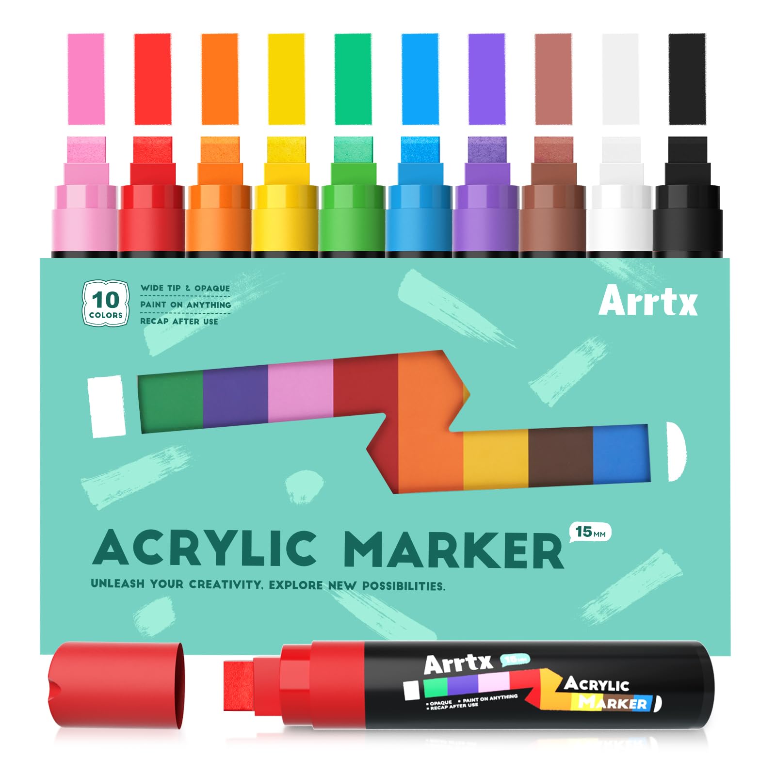 Arrtx Marqueurs Acryliques Jumbo - Pointe en Feutre Géant de 15 mm, 10 Stylos pour Peinture sur Roche, Pierre, Verre, Œuf de Pâques, Bois et Tissu