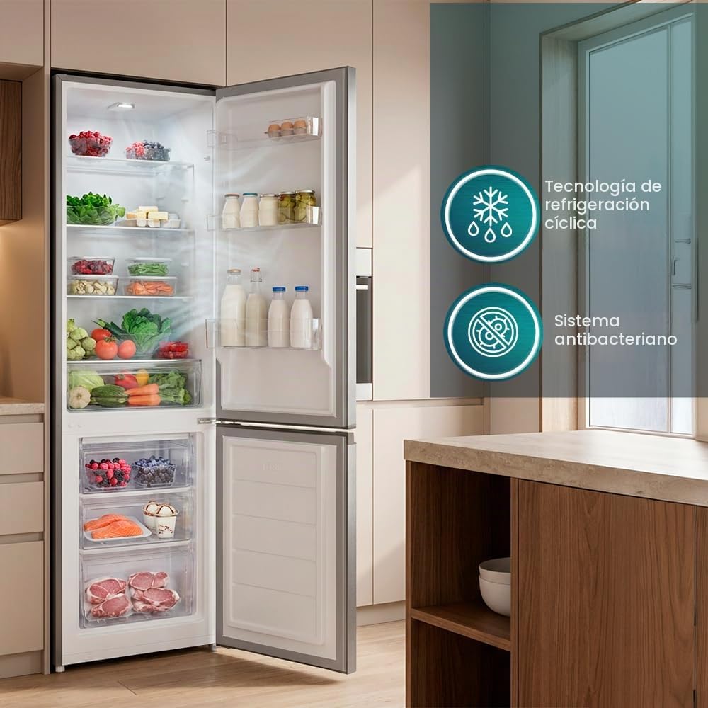 SVAN Frigorífico Combi Inox 2 Puertas, OC18050EI00, Capacidad 262 Litros, Cíclico, Motor Universal, 40dB, Puerta Reversible, Apertura Tipo Uñero, Clasificación Energética E
