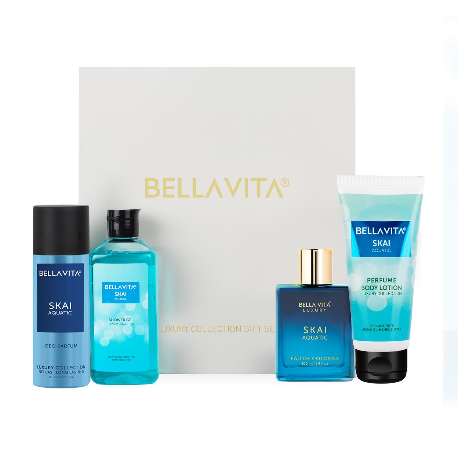Bella Vita Luxury Skai Aquatic Gift Set for Man and Woman with Aloe Vera Body Wash 250 ml for Deep Cleansing, EDC Perfume 100 ml, Deo Body Parfum 150 ml & Perfume Body Lotion 200 ml