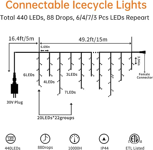 Miniatura 2 de Blingstar Luces de carámbano para exteriores, 32.8 pies, 300 LED, 60 gotas, luces de carámbano, enchufables, 8 modos, tira de luces conectables para