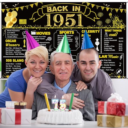 Image of DARUNAXY 75th Birthday Black Gold Party Decoration, Back in 1951 Banner 75 Year Old Birthday Party Poster Supplies Vintage 1951 Backdrop Photography Background for Men & Women 75th Class Reunion Decor