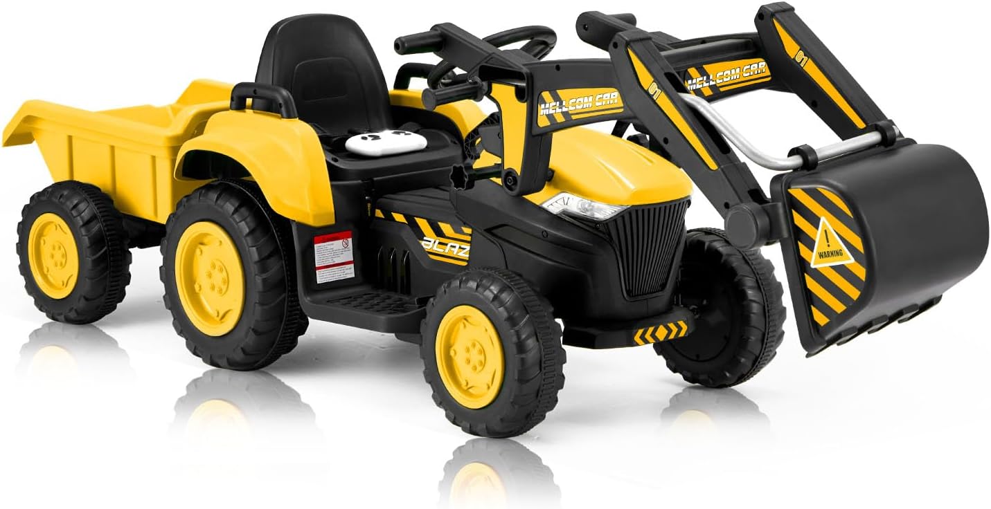 MELLCOM 掘削機に乗るおもちゃ リモコン付き 男の子 3~7歳 12V バッテリー駆動 トレーラー 掘り機 ホーン ライト 音楽プレーヤー 安全帯 イエロー
