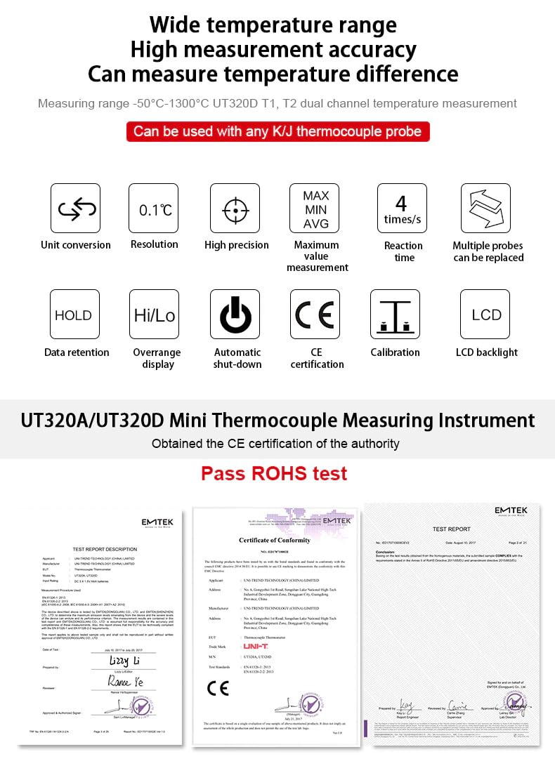 UNI-T Uni-trend Industrialthermometer UT320A Digital Thermometer : Mini Dual Thermocouple Typ K J High Temperature Meter -50℃ to 1200℃ Tester