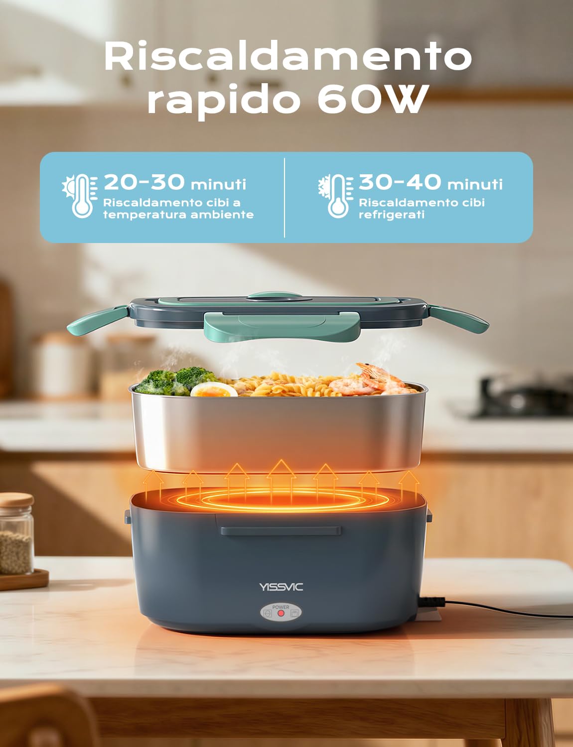 YISSVIC Scaldavivande Elettrico Portatile 1.5L con Borsa Pranzo - 4 in 1 (12V/24V/220V) 60W, Acciaio Inox, Forchetta e Cucchiaio Inclusi - Ideale per Auto, Ufficio e Viaggi