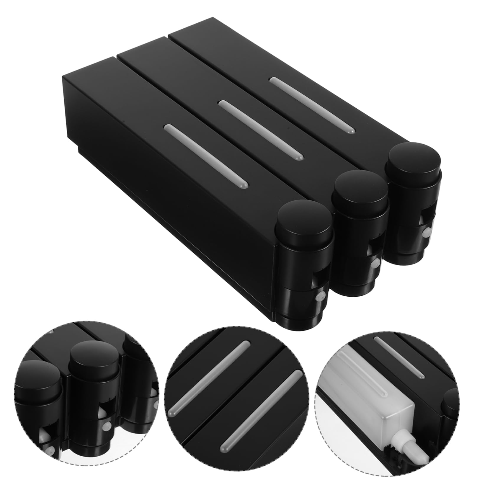 Dispensador de Champú para Ducha de 3 Cámaras Negro Abs | Montaje en Pared, Diseño Manual de Triple Cabezal, Acabado Pvc y Formato Compacto para Baño