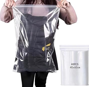 40 Pcs Clear Zip Lock Clothes Bags Large Travel Clothes Storage Bags, Large Travel Zip Lock Seal Storage Bags, Reusable Clear Plastic Bags for Organising, Shoes and Cosmetics, Size 40x60cm