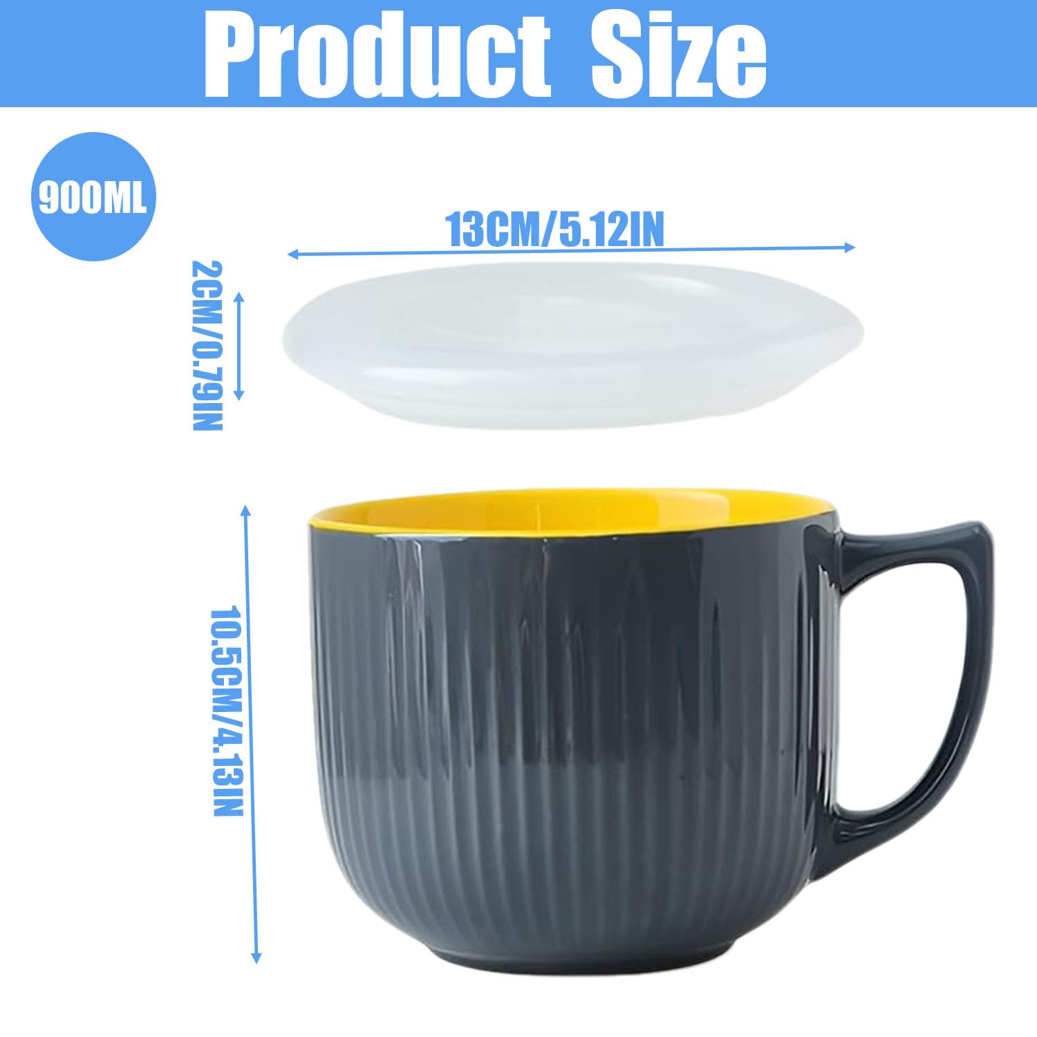 900ML Keramik Suppenschüssel Mit Henkel,Ramen Schüssel Mit Deckel,Müslischale Geeignet für Mikrowellen Sterilisatoren,Groß Kaffeetasse/Ramen/XXL Tasse für Heißgetränke(Dunkelgrau)